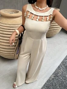 Weeklong Women's Sleeveless Casual Vacation Beaded Waist Jumpsuit, Elegant Vacation Outfit, Daily Outing Jumpsuit, Commuting Jumpsuit - Apricot - View 4