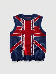 ROMWE MEN Men's Distressed Flag Print Crew Neck Knit Sweater - Blue - View 1