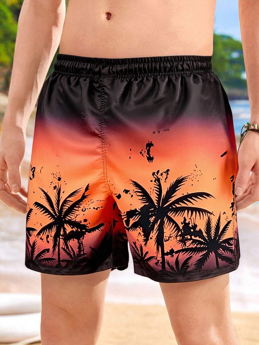 Teenager Boys' Casual Loose Orange Coconut Tree Print Swim Trunks, Suitable For Summer
