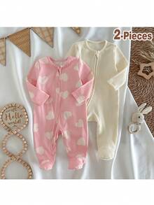 Loomiva Conjunto de 2 piezas de pelele de cuello redondo de manga larga con estampado de corazón de franela gruesa para bebé recién nacida - Multicolor - Ver 6
