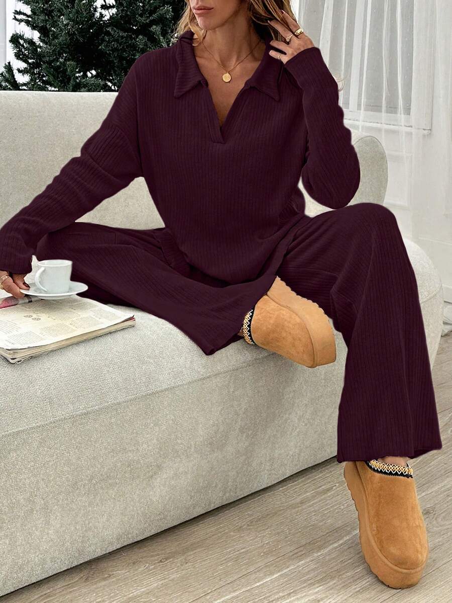 SHEIN Women's Brushed Ribbed Set, Casual, Chic - Burgundy - View 1