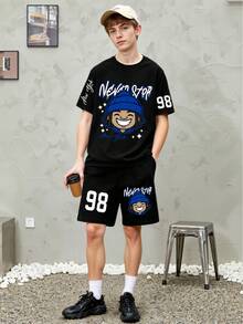 Coolqubz 2 pièces/Set Mode de rue décontractée Ados Garçons Imprimé Lettre et Portrait T-shirt à manches courtes et Short Set, Été - Multicolore - Voir 4