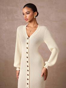 Lumalex Women's Solid Color Drop Shoulder Long Sleeve V-Neck Knitted Maxi Sweater Dress With Buttons - Apricot - View 1