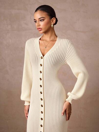 Lumalex Damklänning med stickad maxiklänning, nedhasad axel, långärmad och v-ringad, enfärgad och knappar