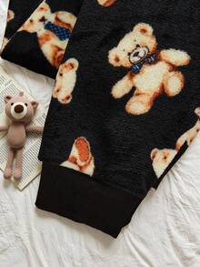 Tween Boys Flannel Loungewear Set,Black Polka Dot Autumn Cute Lounge 2-Piece Teddy Bear Pattern Round Neck Long Sleeve Top & Pants Kids Pajama Set - Black - View 9