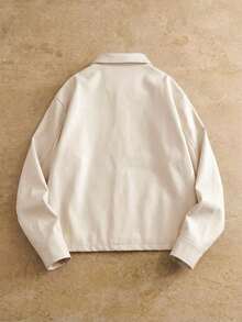 HIMLAND 男士休闲编织PU皮领夹克，适合日常穿着 - 杏色 - 查看 2