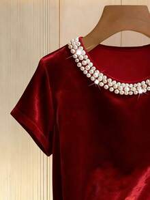 Franclia Áo thun cổ đính hạt dành cho nữ, thanh lịch cho đi làm hàng ngày, dự tiệc sang trọng, hoặc dịp lễ năm mới. - Đỏ - Xem 4