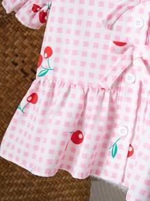 SHEIN Young Girls Cute Plaid Cherry Print Short Sleeve Shirt - Pink - View 3