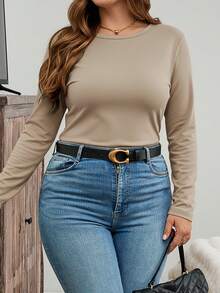 SHEIN LUNE Plus Size Khaki Ruched Long Sleeve T-Shirt Casual Round Neck Knitted Top Regular Length - Khaki - View 3