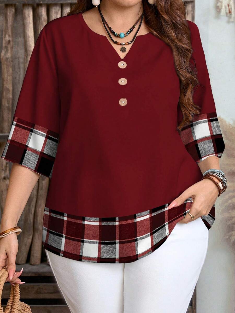 EMERY ROSE Casual Retro Commuter Daily Versatile Burgundy Contrast Plaid Print Plus Size Small V-Neck Shirt, Suitable For Summer, Summer Top, Burgundy Top Spring Carnival,Vacation - Red - View 1