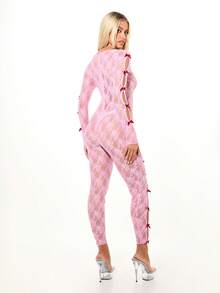 SUMWON WOMEN Lace Cut Out Detail Long Sleeve Bodysuit Jumpsuit With Ribbon Tie Accents And Transparent Design For Valentine - Pink - View 2