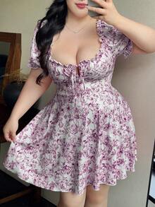 Vibekara 新款优雅印花修身泡泡袖腰部褶皱度假连衣裙，百搭显瘦A字裙摆，弹力面料 - 紫色 - 查看 3