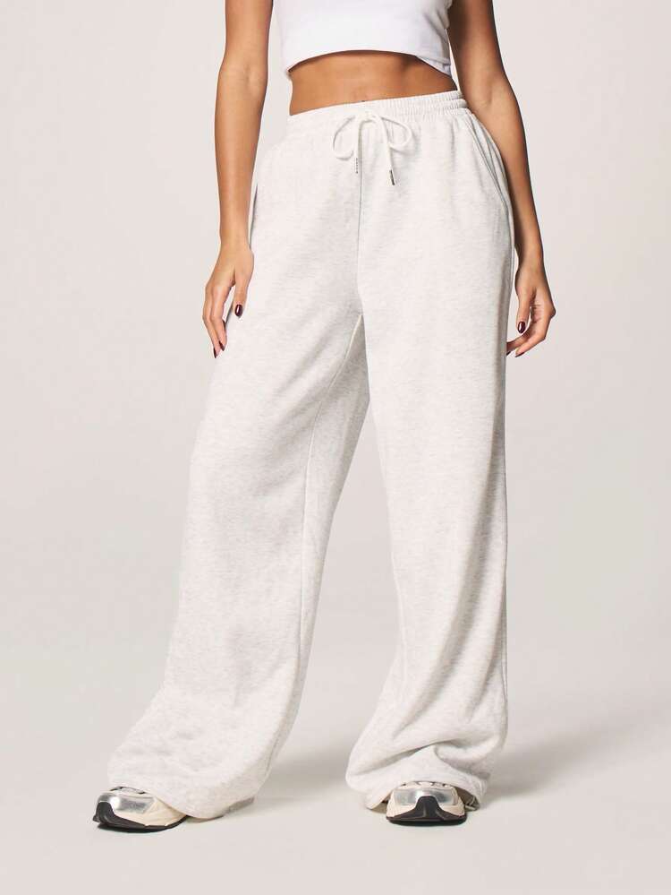 MISSGUIDED Heathered Light Grey Drawstring Wide Leg Sweatpants With Relaxed Jogger Style Elastic Waistband Perfect For Casual Loungewear And Comfortable Everyday Wear