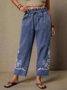 SHEIN VCAY Quần jean denim cỡ lớn in hoa dáng thường ngày - Màu xanh lam - Xem 7