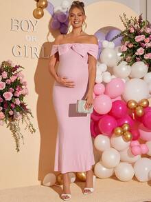 Loomaby 优雅派对露肩蝴蝶结装饰鱼尾孕妇裙 - 粉色 - 查看 4