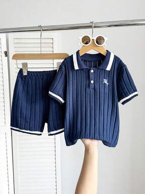 2pcs/Set Toddler Boys' Knitted Striped Collar Embroidery Contrast Color Half Button Casual Cute Short Sleeve T-Shirt And Shorts Set