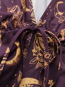 Sweetra 新款春夏秋三季印花荷叶边袖V领系带上衣搭配褶裥长裙两件套 - 彩色 - 查看 3