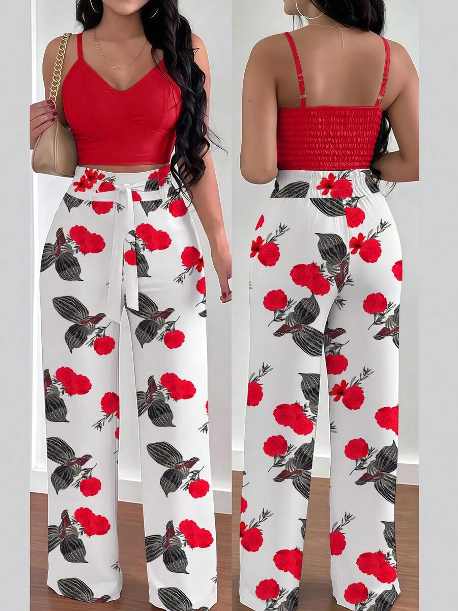 Silhoulove Set 2 Potong Wanita: Atasan Camisole Polos + Celana Panjang Lebar dengan Tali Serut Motif Bunga - Merah - View 1