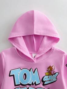 TOM & JERRY X SHEIN 少女休闲日常通勤趣味卡通字母印花连帽衫和运动裤套装，秋/春季 - 粉色 - 查看 3