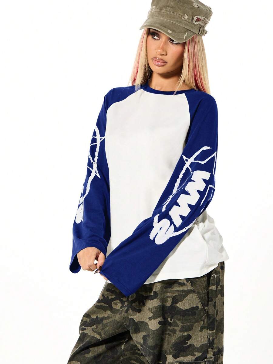 SUMWON WOMEN 插肩长袖棒球T恤，饰有星形图案和撞色拼接，适合日常休闲穿着 - 藏蓝色 - 查看 1