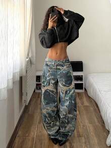 StreetHx Women's Fashion Casual Street Graffiti Low Waist Loose Flared Leg Jeans