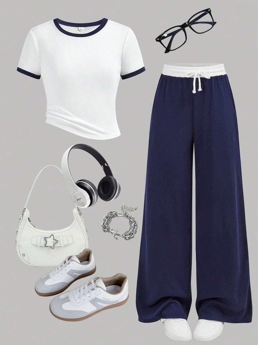 SHEIN Girlism 儿童夏季套装,柔软舒适的少女罗纹针织撞色休闲修身T恤搭配宽松腰带口袋裤套装,运动街头风休闲套装,适合春夏穿着,可用于学校、足球、户外活动等场合。这款套装包含女童裤装和上衣,是休闲女孩的理想之选。 - 藍白色 - 查看 1