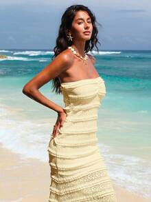 Opulessa 女士纯色针织吊带修身连衣裙 - 黃色 - 查看 4