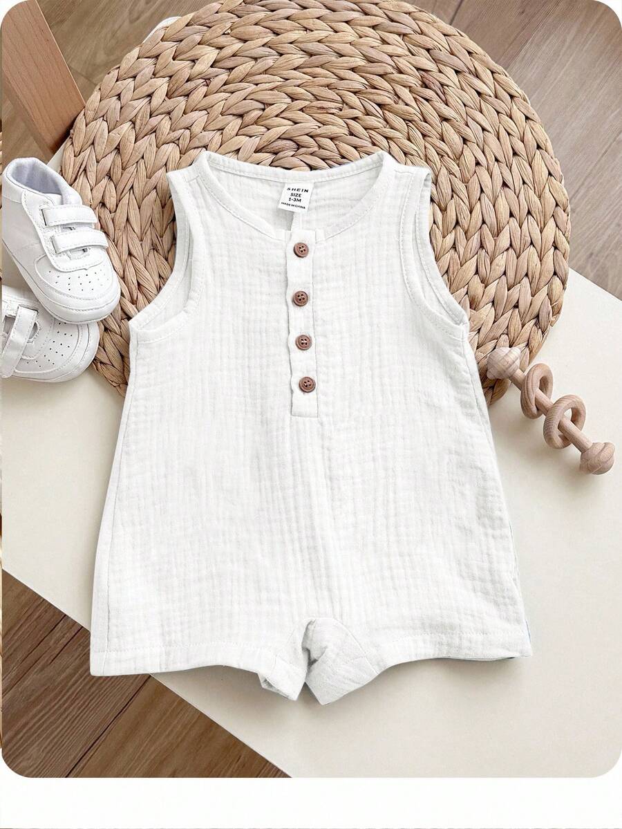 Newborn Baby Boy Summer Casual Vacation Cute Blue Sleeveless Romper, Suitable For Birthday Party, Evening Party, Performance, Wedding, One Month Celebration, Baptism And 1st Birthday Baby Shower - White - View 1