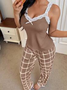 SHEIN Contrast Color Lace Patchwork Camisole & Plaid Print Pants Women Pajama Set Brown Pajama Sets For Women Lace Pj Set Lingerie Sleep Set - Mocha Brown - View 5