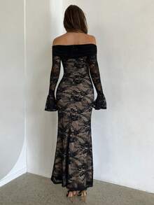 Aloruh Women's Autumn/Winter New Sexy, Charming, Elegant Black Floral Lace Bodycon Off Shoulder Long Sleeve Maxi Dress, Suitable For Party, Date, Holiday - Black - View 2