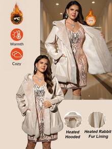 SHEIN Clasi Women's Plus-Size Elegant Winter Parka,Rabbit Fur Lined Hooded PU Jacket With Belted Waist,Faux Fur Patchwork Long-Sleeved Hiking Casual Warm Coat - Beige - View 12