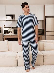 SHEIN 男士条纹圆领短袖T恤和裤子两件套，休闲家居服 - 藍白色 - 查看 8