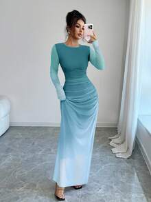 Rafferiza Đầm ôm sát dài tay bằng vải lưới xuyên thấu, kiểu ombre, xếp ly, thích hợp mặc hàng ngày đi biển, ở nhà, công sở. - Màu xanh ngọc - Xem 6