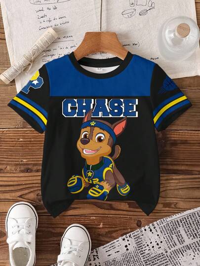 SHEIN | PAW Patrol Young Boy Casual Daily Commute Fashionable Street Cartoon Dog & Letter Graphic Contrast Color Short Sleeve T-Shirt, Summer