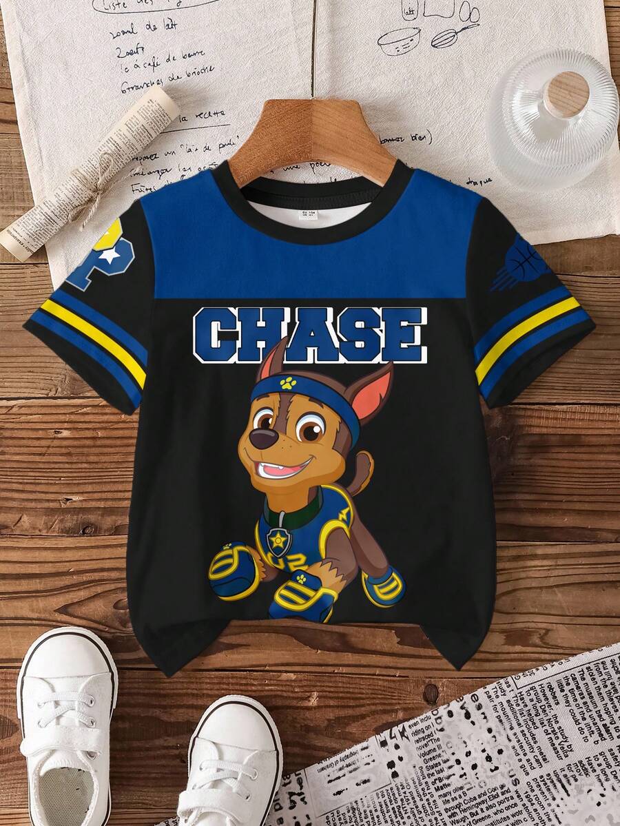 SHEIN | PAW Patrol Young Boy Casual Daily Commute Fashionable Street Cartoon Dog & Letter Graphic Contrast Color Short Sleeve T-Shirt, Summer - White - View 1