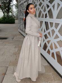 Durrani Popal Elegant & Chic French Style Lapel Long Sleeve Double-Breasted Pearl Button Decor Pleated A-Line Overcoat, Beige - Khaki - View 4