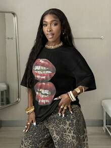 Coolane 女士夏季街头复古Y2K嬉皮士老钱图案宽松T恤 - 黑色 - 查看 6