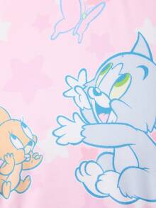 TOM & JERRY X SHEIN 小女孩可爱卡通蝴蝶星星印花连体泳衣，海滩度假风，夏季 - 粉色 - 查看 3