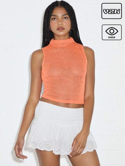 COUREZ Sleeveless High Neck Sheer Knit Top /Summer Outfits For Women/Casual /Y2K/Casual Music Festival Vintage
