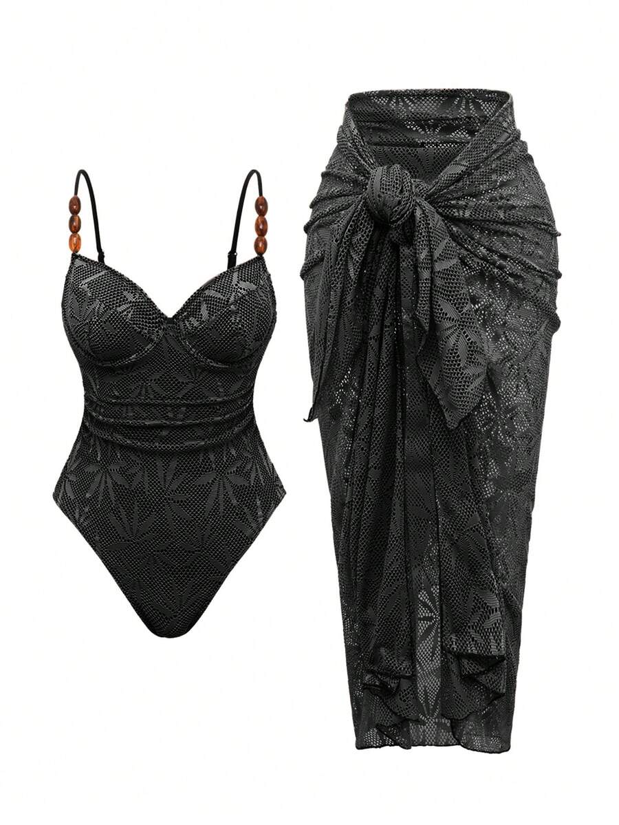 Swim Oasis 2pcs/Set Summer Vacation Sexy Underwire Backless Spaghetti Strap Women's Swimsuit & Sarong Maxi Skirt - Black - View 1