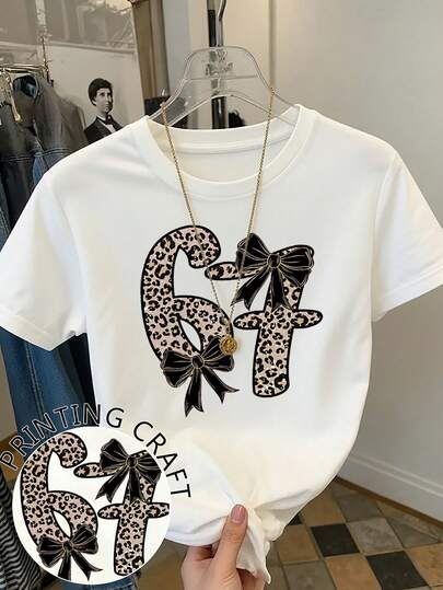 Resyla Women's Leopard Print & Bow Decor Short Sleeve Round Neck T-Shirt