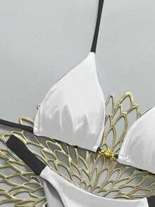 Swim Vcay Women's 2 Pieces Shell Decor Tie-Up Contrast Color Halter Bikini Set, Summer Beach Vacation - White - View 5