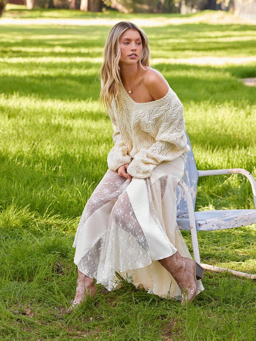 WESTFADE Chân váy maxi dáng chữ A xòe rộng, cạp chun phối ren. - trắng - Xem 1