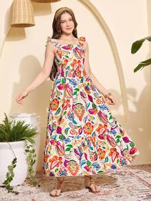 SHEIN 少女碎花印花优雅方领荷叶袖收腰长裙，春夏假日风 - 彩色 - 查看 7