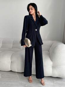 Modelyn 女士翻领长袖单扣西装外套和裤子优雅套装 - 藏蓝色 - 查看 4