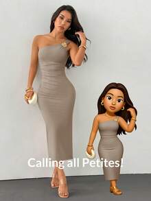 SHEIN PETITE Gold Color Brooch Decor Asymmetric Neck Ruched Fishtail Skirt Bodycon Midi Dress - Volcanic Gray - View 10