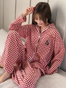 DAZY 青少年/少女（女童）休闲格子家居服套装，宽松舒适卡通图案直筒裤，秋季款 - 紅白色 - 查看 8