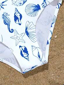 SHEIN 少女蓝色和白色海洋贝壳和海马印花连体泳衣，时尚清新，适合游泳、海滩和水疗中心穿着。