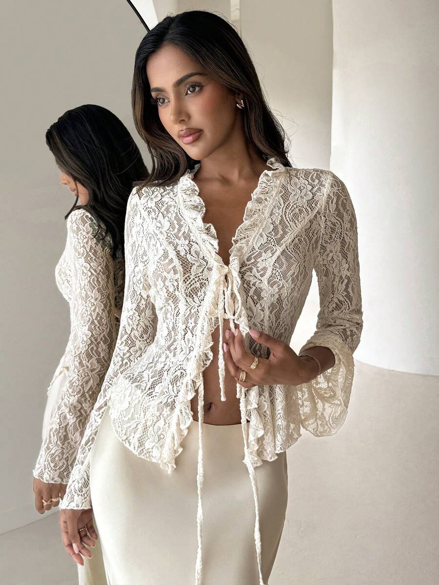 Aloruh 象牙色蕾丝长袖衬衫，优雅通勤休闲两相宜，春季必备