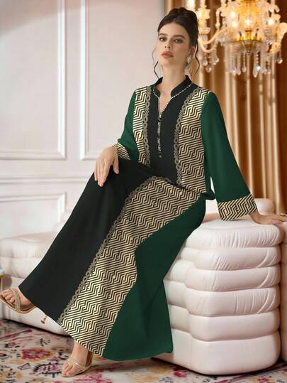 SHEIN Najma Damklänning i arabisk stil med geometriskt arrangemang och digitaltryck, elegant v-ringad långärmad